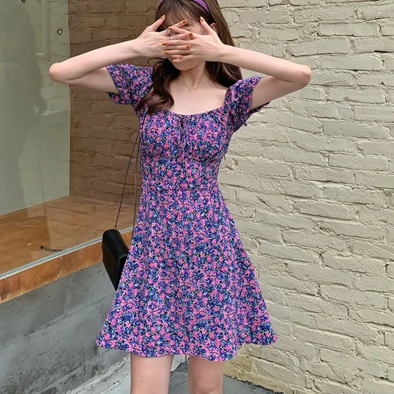 

Women Dresses Summer Beach Style Square Collar Dress Sweet Elegant Floral Print Short Sleeve Dress