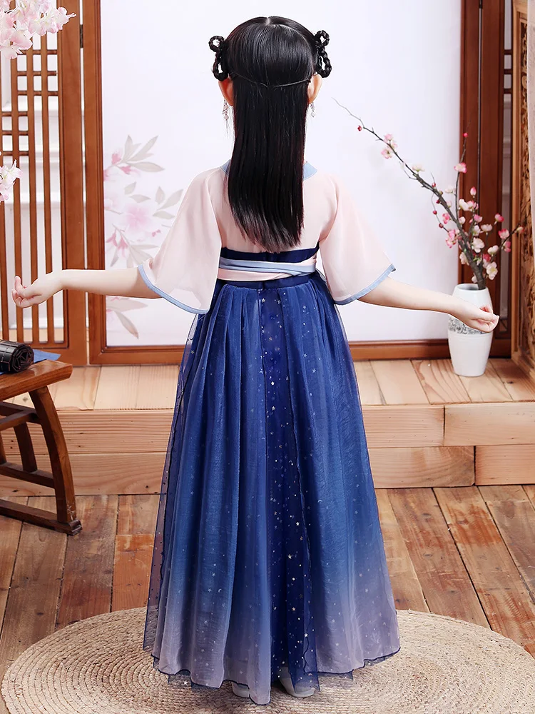 

Short Sleeve Chinese Lovely Style Classical Dynasty Costume Dance Dress For Girls Embroidery Kids Chiffon hanfu