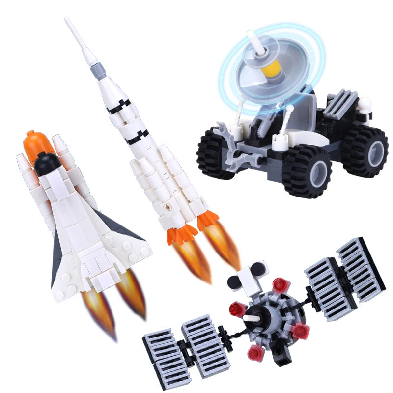 Город космической станции ракета строительные блоки астронавт рисунок человек