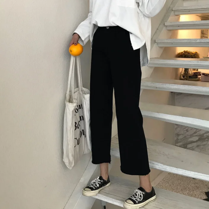 2020 осенние женские джинсы для студенток в стиле преппи черные широкие с