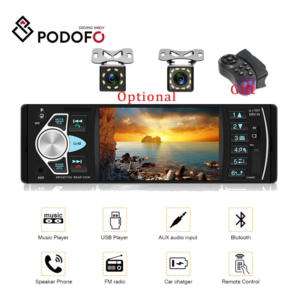 Podofo Автомагнитола 1 din 4022d FM радио авто аудио стерео Bluetooth Авторадио Поддержка камеры заднего вида рулевое колесо Contral