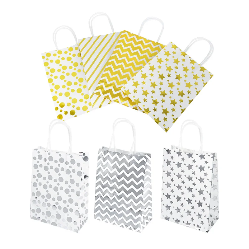 

5pcs Gold Silver Dot Striped Star Handles Gift Bags Packing Birthday Wedding Party Decoration Baby Shower Candy Cookie Paper Bag