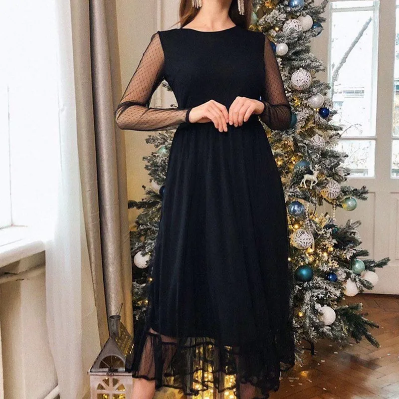 Фото Элегантное Черное вечернее платье с длинным рукавом и круглым вырезом