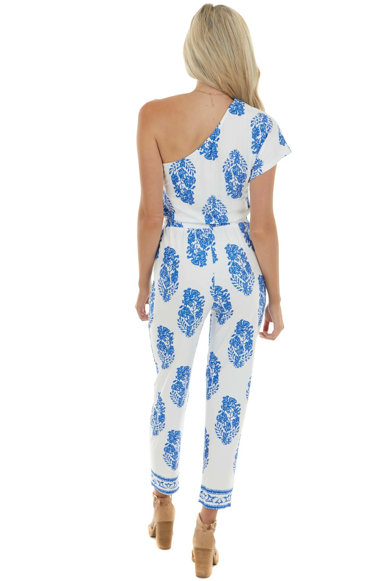 

Women One Shoulder Short Sleeve Print One Piece Capris Jumpsuit Summer Women Casual High Waist Romper Palysuits