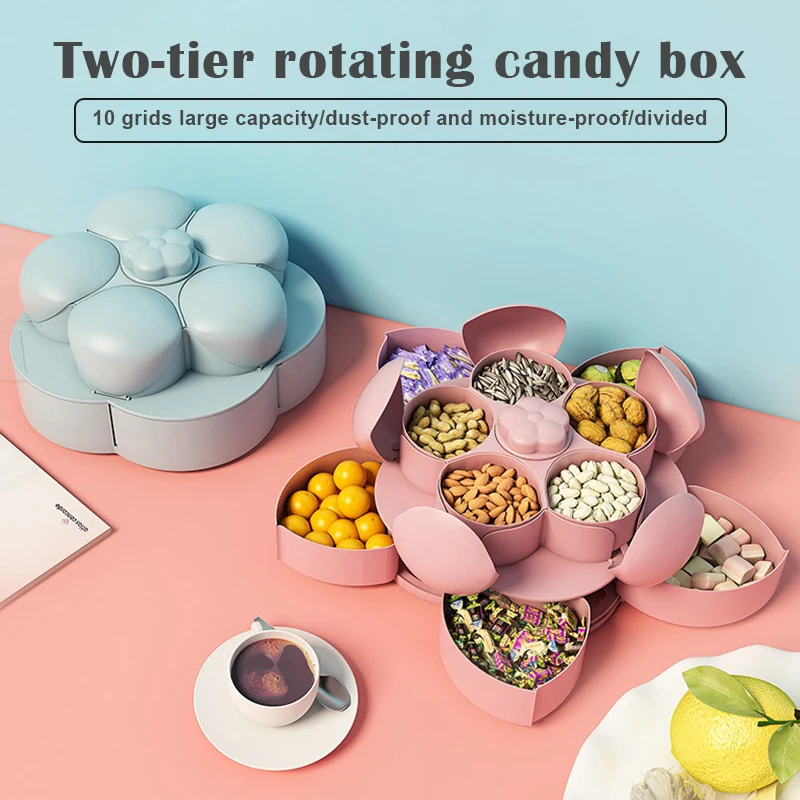 

Petal-Shaped Rotating Dual Layer Snack Serving Tray Sectional Candy Nut Box Snack Tray with Phone Holder 27X27X12CM LBS