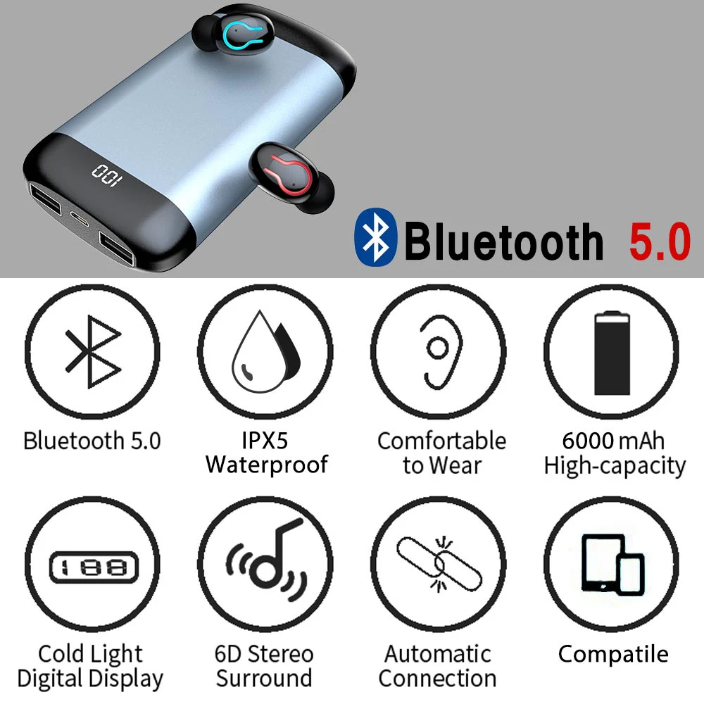 Беспроводные наушники HBQ Q66 TWS 5 0 6000 мАч Bluetooth с светодиодный зарядным устройством