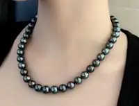 9-10mm natural tahitian black pearl necklace 14K