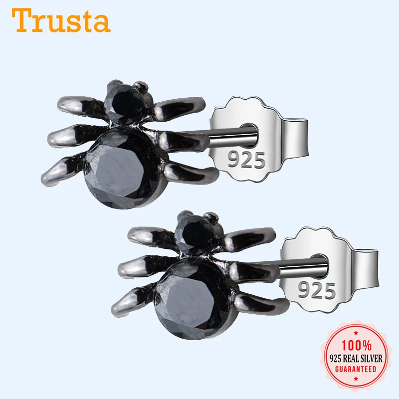 Женские серьги гвоздики из серебра 2018 пробы с черным пауком|spider stud earrings|fashion