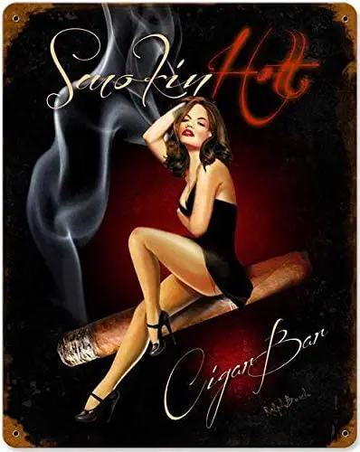 

Vintage Style Metal Tin Sign Pin Up Girl Smokin Hot Cigar Bar Metal Tin Sign Nostalgic Metal Sign Home Decor for Club Bar Cafe