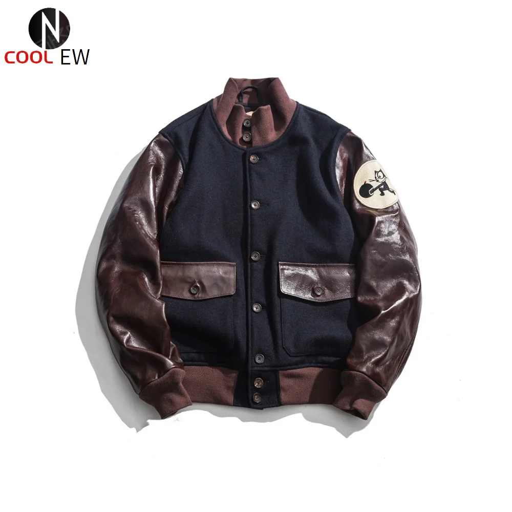 

Men's A-1 Bomber Jacket Commander Leather Sleeves Slim Short Wool Winter Coat Original Brand Vintage Military Clothing