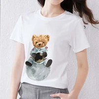 womens white t shirt casual cartoon moon space bear print comfortable ladies breathable youth slim o neck top short sleeve
