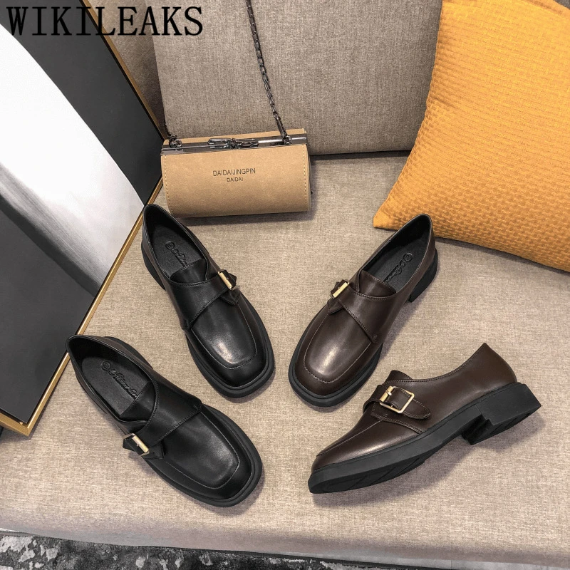 Туфли женские на низком каблуке винтажные лоферы кожаная повседневная обувь