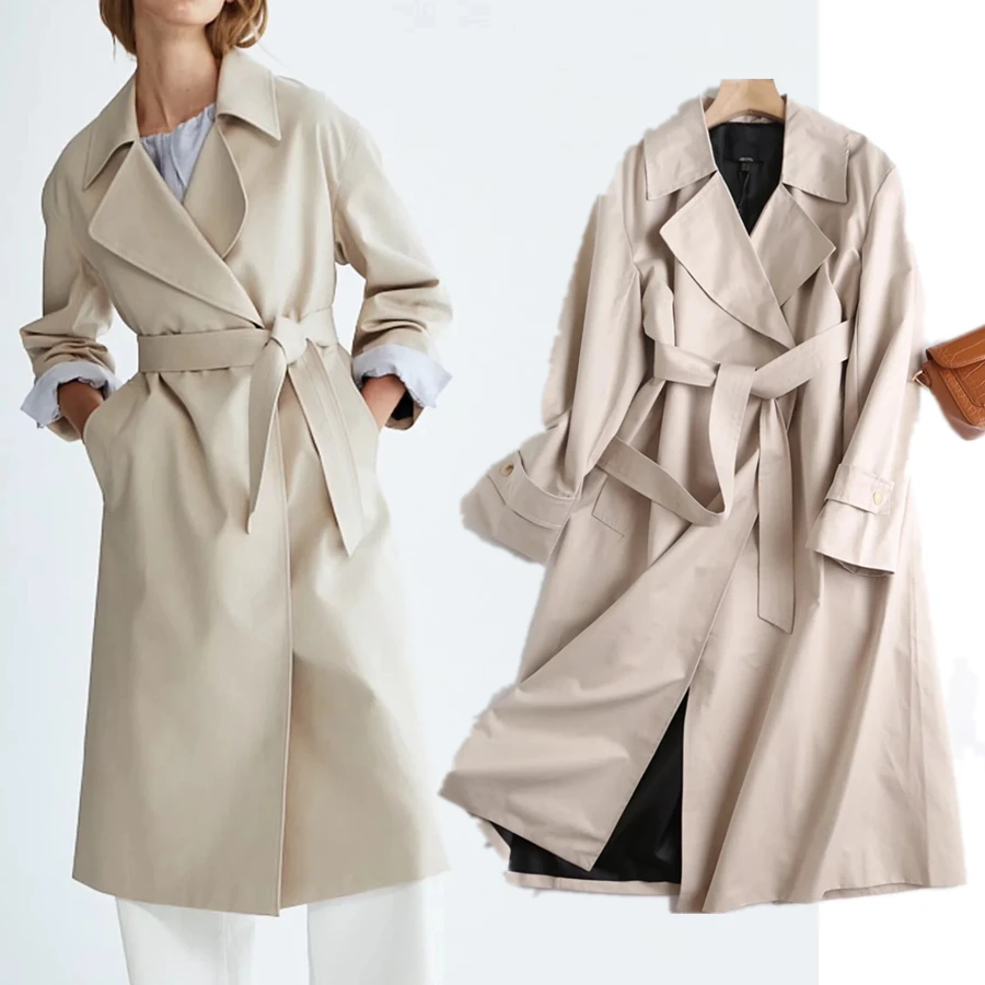 

Withered England Style Office Lady Overcoat Women Vintage Sahes Notched Cotton Oversize Trench Coat Women Fashion Long Jacket