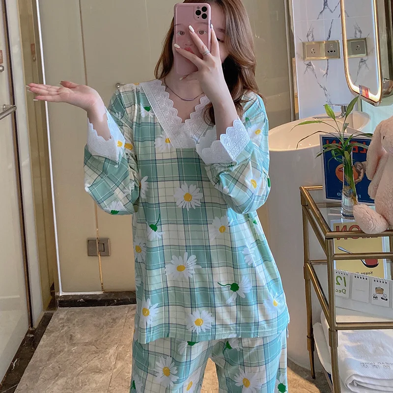 

Long Sleeved Princess Style Lace Pajamas Women's Suit Spring and Autumn Loose Home Clothes Milk Silk Home Clothes Sleepwear