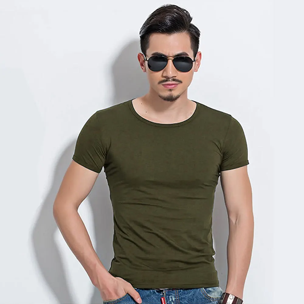 O Army green Мужская футболка из лайкры, футболка с коротким рукавом и круглым вырезом, тонкая Однотонная футболка с коротким рукавом MRMT - Цвет: O Army green