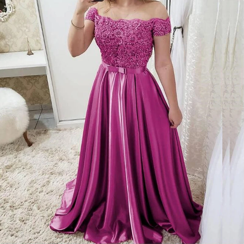 

Pretty Evening Dresses Long Satin A-Line Off The Shoulder Floor Length Formal Gowns Lace Evening Dress Vestido de festa