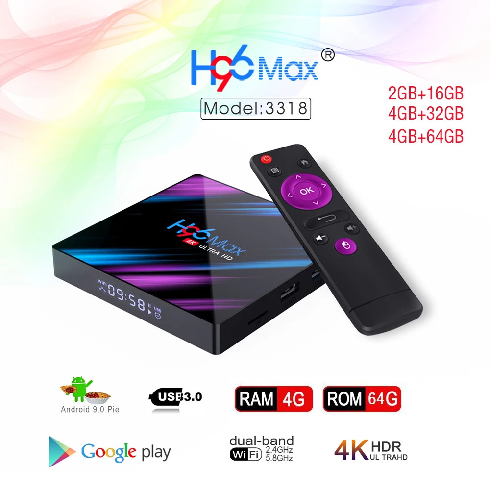 

ТВ-приставка 4K H96 Max Android 10 ROM 32 ГБ четырехъядерный RK3318 Bluetooth 4,0 ТВ-приставка медиаплеер Смарт WiFi ТВ-плеер