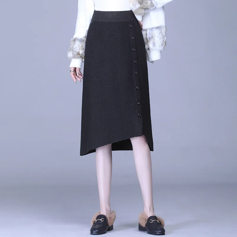 

2020 Autumn & Winter New Korean High Waist Slim Elastic Irregular Simple Women A-line Knitted Long Skirt Bag Skirt Free Shipping