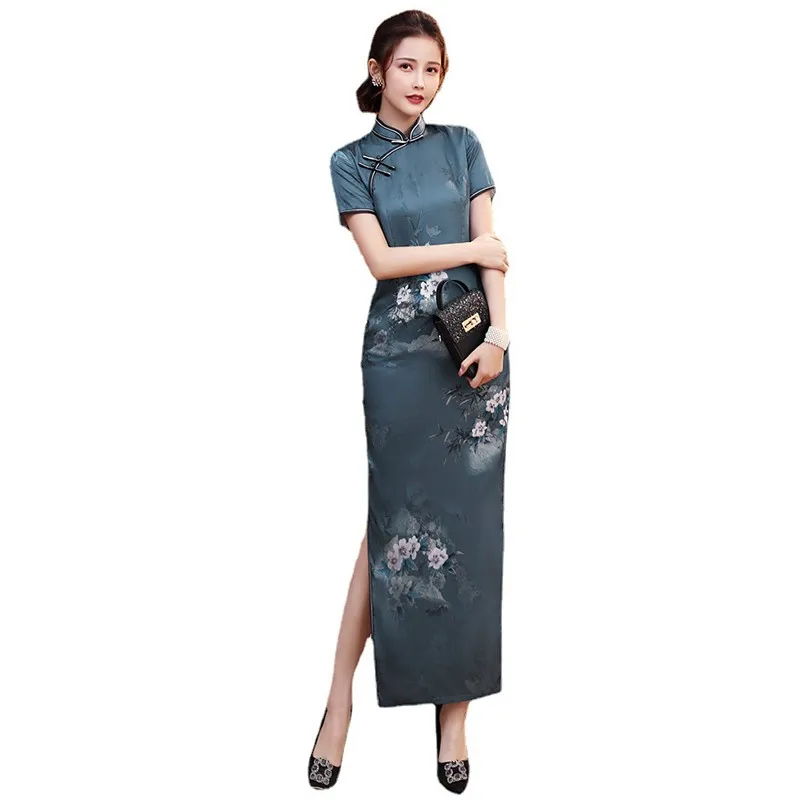 

Vintage Print Female Long Improved Cheongsam Mandarin Collar Traditional Chinese Qipao Dress Elegant Slim Oriental Dresses