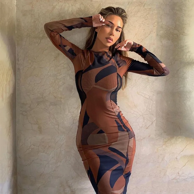 

2021 Spring Summer New Print Dress Women Contrast Color Knee-Length Print Fashion Slim Design Bodycon Hip Dress