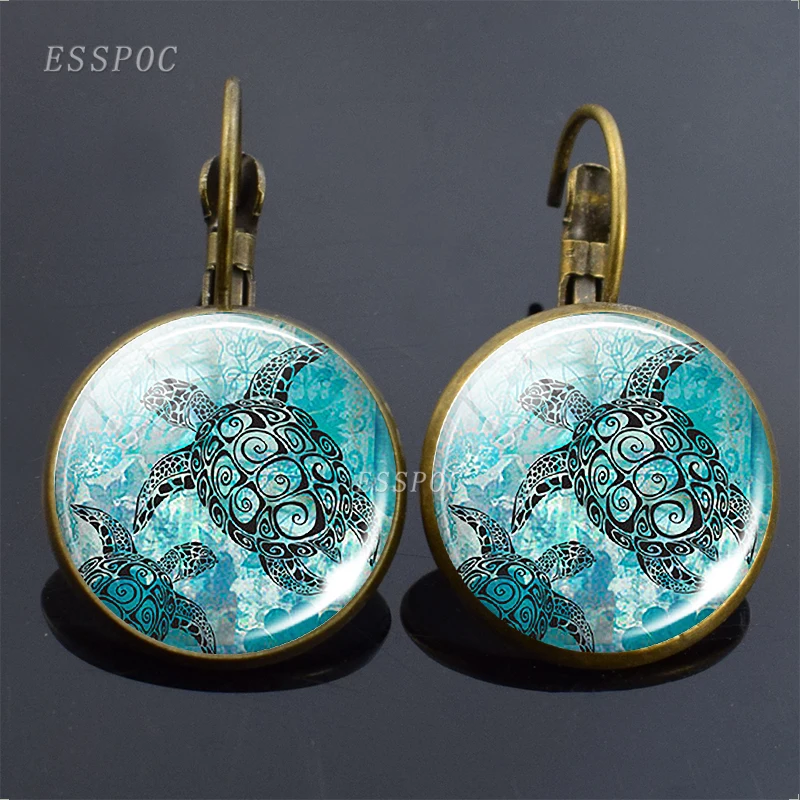 

Turtle Hoop Earrings Dolphins Hippocampus Starfish Sea Animals Ear Jewelry Glass Cabochon Drop Earrings for Women