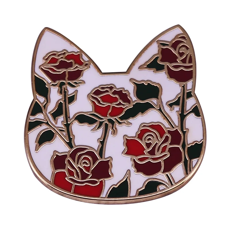 

Floral Cat Enamel Pin Red Rose Brooch