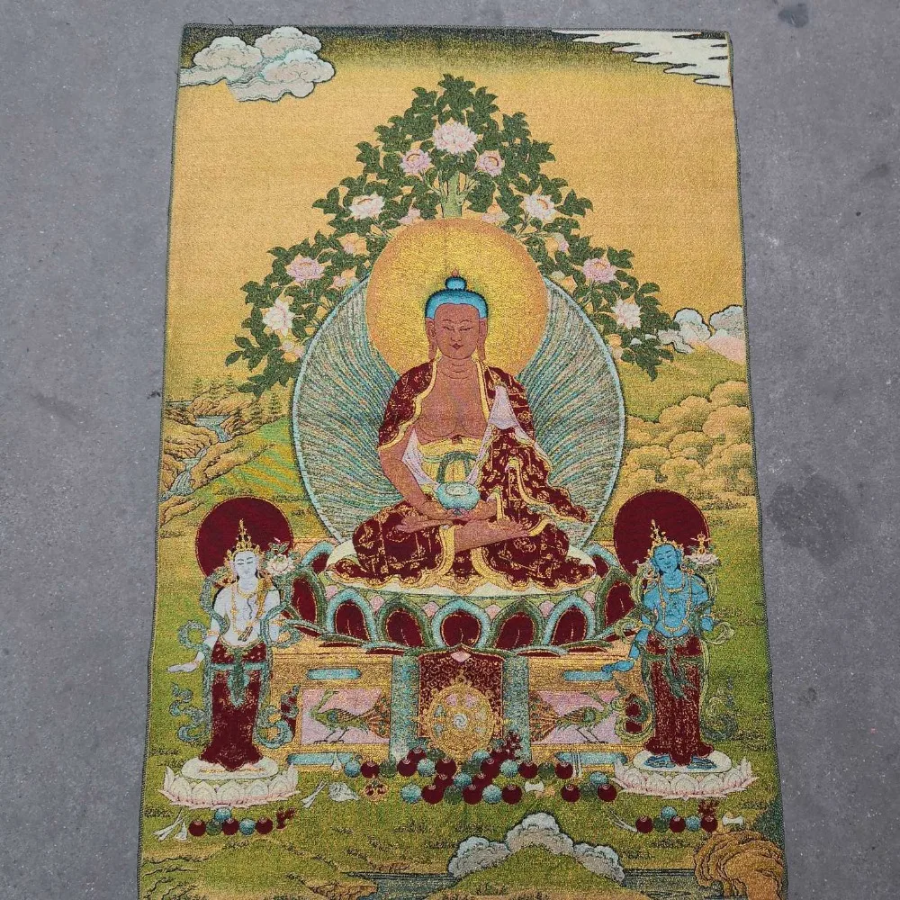 

36 inch Silk embroidery Shakyamuni Amitabha Buddha Tathagata Bowl Thangka Paintings Mural