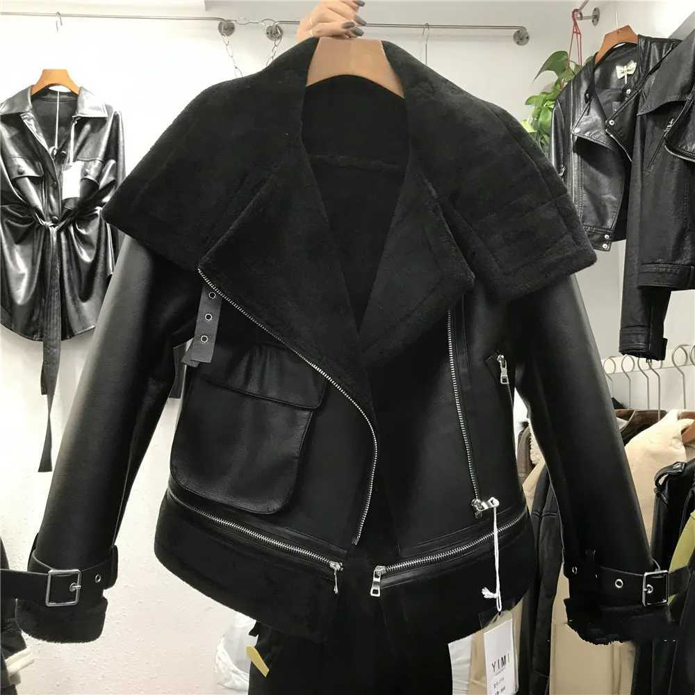 

Женская флисовая куртка с пряжкой, теплая облегающая куртка из искусственной кожи с отложным воротником, новинка зимы 2020