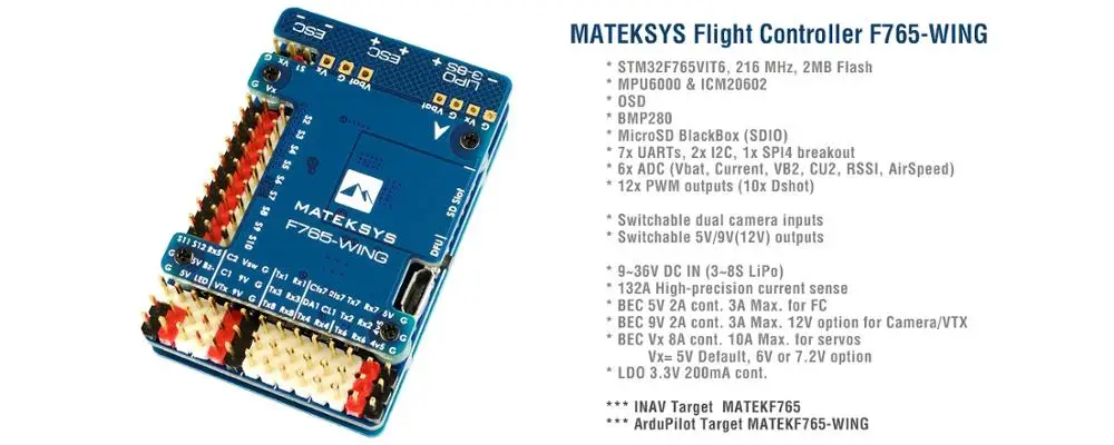 

MATEK F765-wing F765 Wing Flight Control Controller for Fixed Wing Support PIX INAV Dual Camera Cam I2C PMW OSD IMU MCU