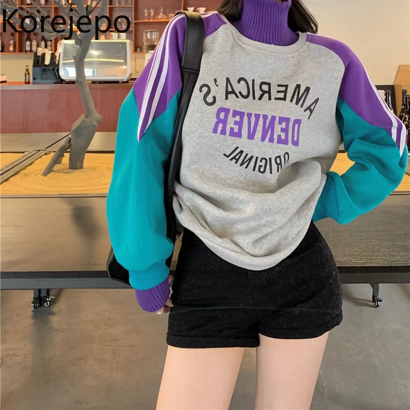

Korejepo Letter Print Plush Sweatshirts Women's Autumn and Winter 2021 New Fashion Contrast Color Street Style Loose Top Fashion