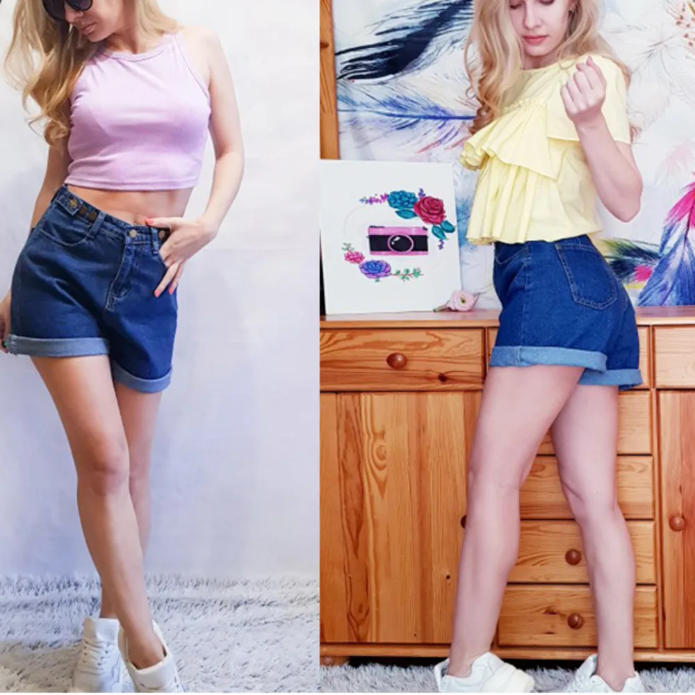 

Streetwear womens button denim high waist short harajuku denim fold wide legs blue shorts sale 2021 summer
