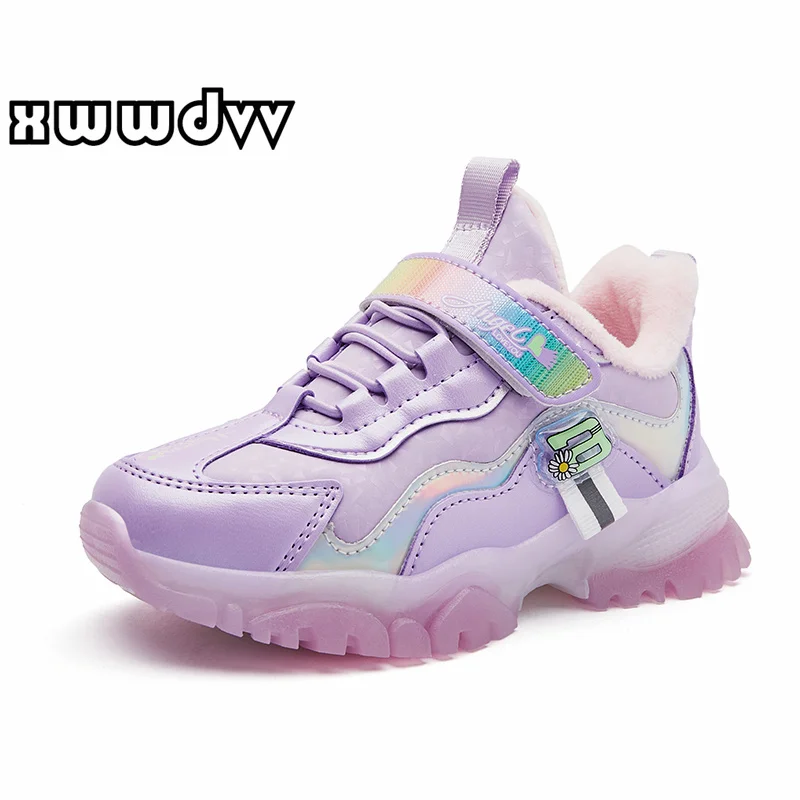 

Детские кроссовки XWWDVV, зимняя обувь для девочек с бархатной подкладкой, кожаная Водонепроницаемая детская обувь, удобная теплая Повседневн...