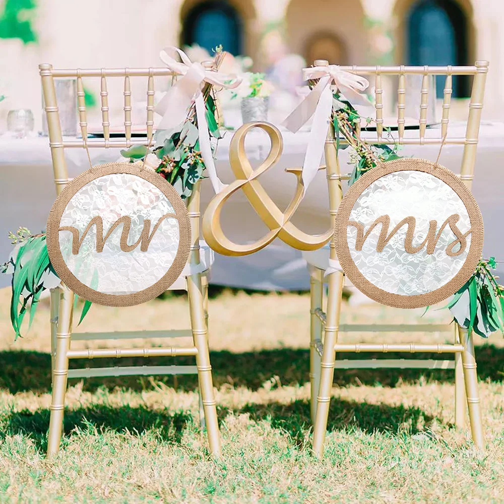 

Mr & Mrs Wedding Chair Sign Garland Rustic Burlap Lace Chair Banner Set DIY Chair Decoration For Wedding Party Supplies
