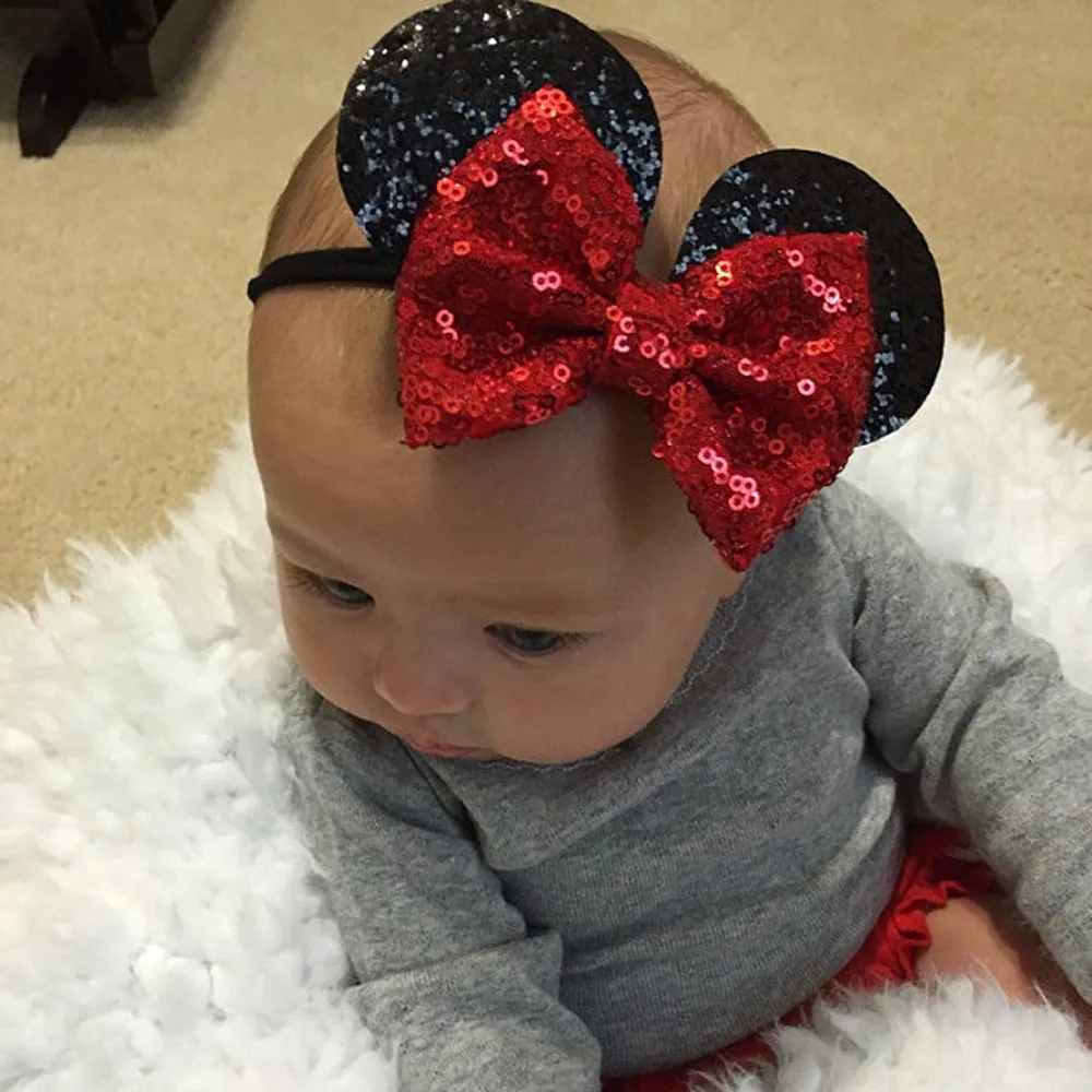 

Cartoon Sequins Mouse Ears Hair Accessories Handmade Big Bow Kids Hair Elastic Band Fashion Girls Headband Headwear for Children
