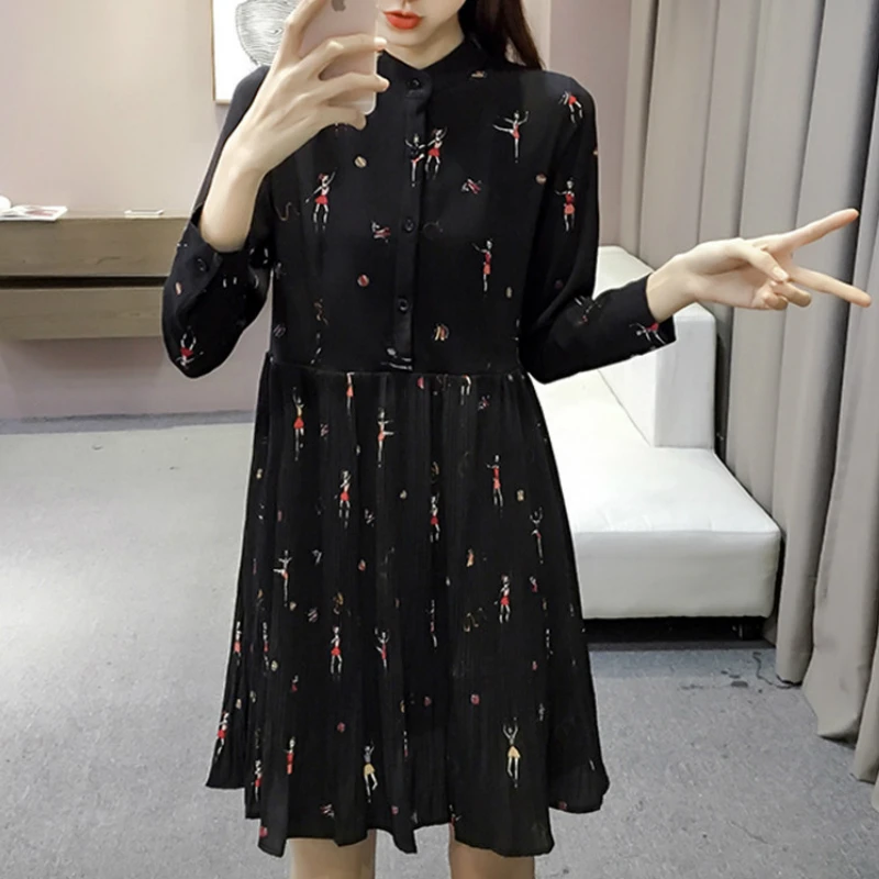 Женское плиссированное платье Keatingberus шифоновое с длинным рукавом и принтом