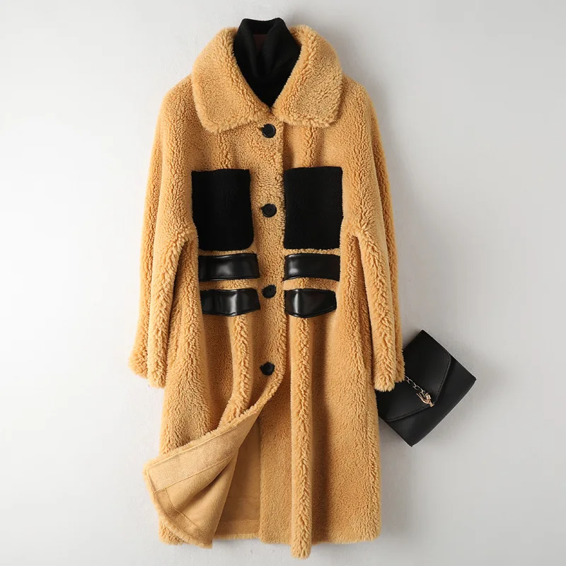 100% Real Sheep Leather Jackets Fluffy Teddy Warm Thickening Coat Women Fur Parka Mid Long Luxury Patchwork Outerwear Clothing | Женская