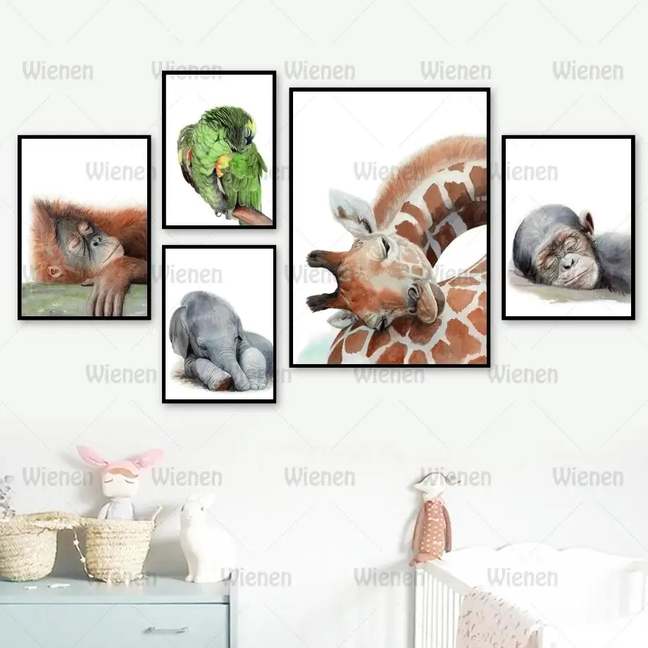 

Canvas Painting Elephant Giraffe Lion Tiger Zebra Parrot Nursery Wall Art Print Nordic Poster Wall Pictures Baby Kids Room Decor