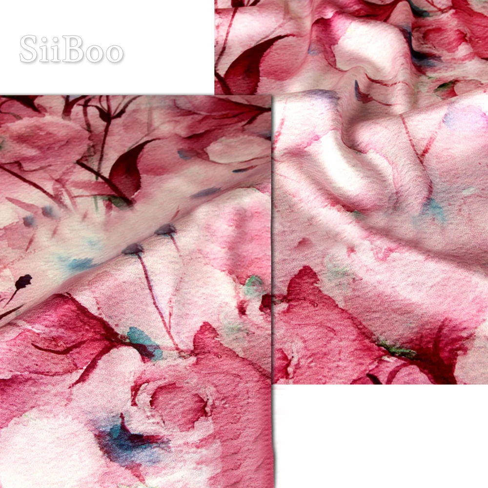 

Luxury pink floral print spandex silk fabric apparel for dress natural silk tissue cloth tela tecido yarn 19mm SP4992