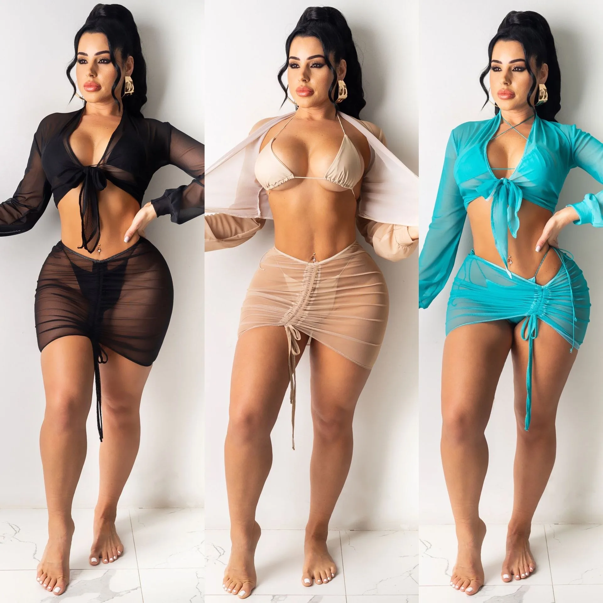 

Женская накидка на бикини, однотонный прозрачный топ с глубоким V-образным вырезом и мини-юбка на шнуровке