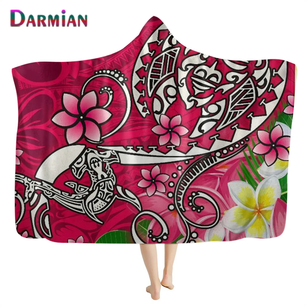 

DARMIAN 2021 Polynesian Plumeria Turtle Print Fleece Blanket Travel Single Fall Blanket Warm Soft Hooded Blanket for Adult Kids