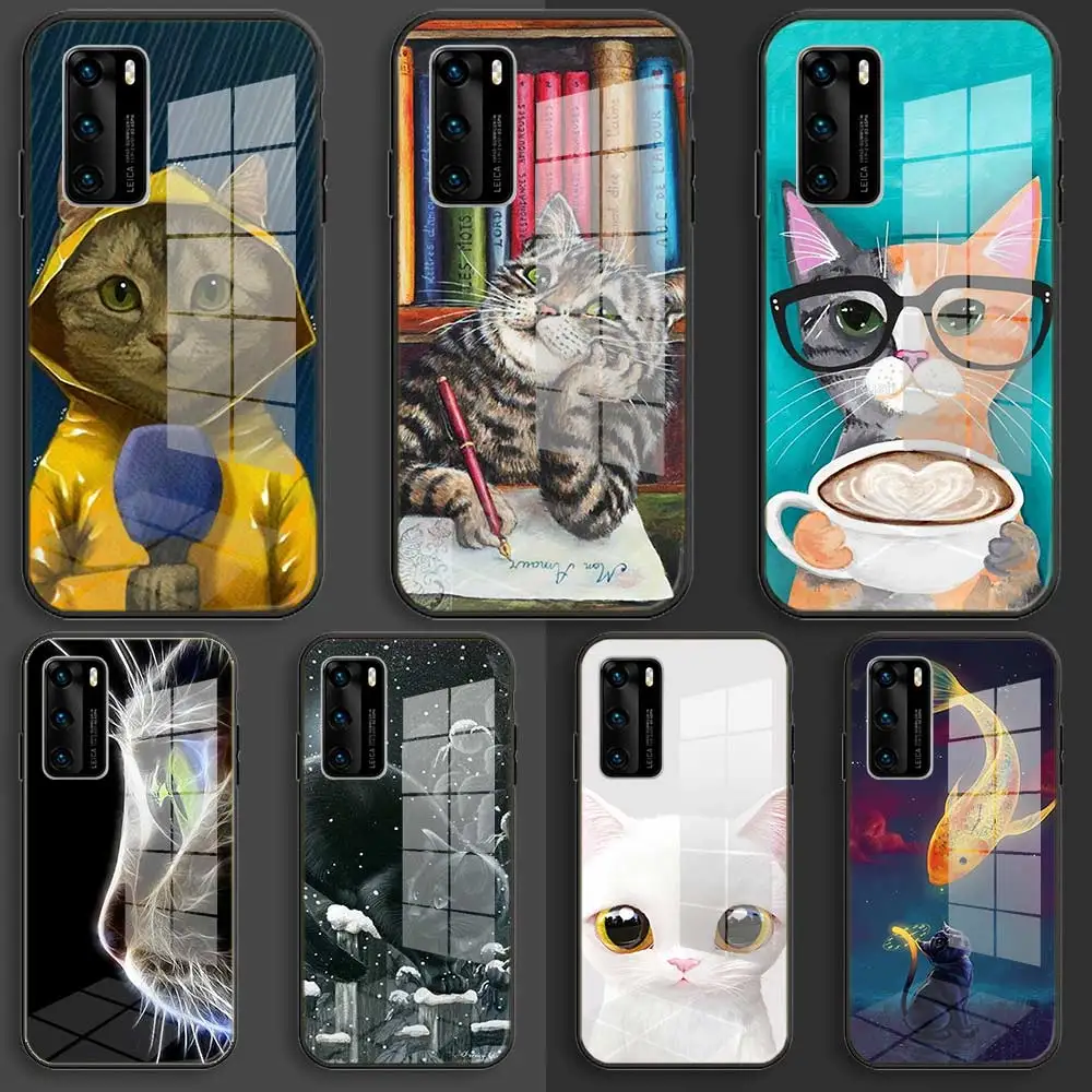 Soft Glass Case For Samsung S22 S21 S20 S11 S10 S9 S8 Plus lite 10e fe TPU Coque Balck Cover cute cat pictures