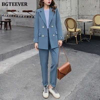 bgteever fashion women blazer suits long sleeve double breasted blazer pants suit office ladies two piece blazer sets 2020