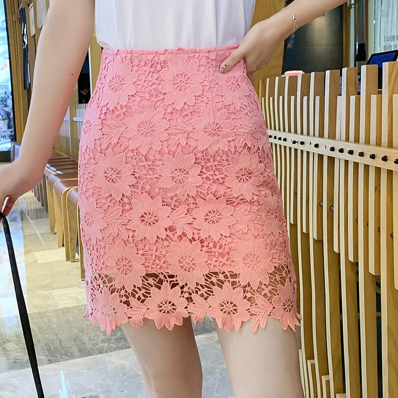 Женская кружевная юбка MUMUZI розовая с высокой талией и цветочным принтом весна