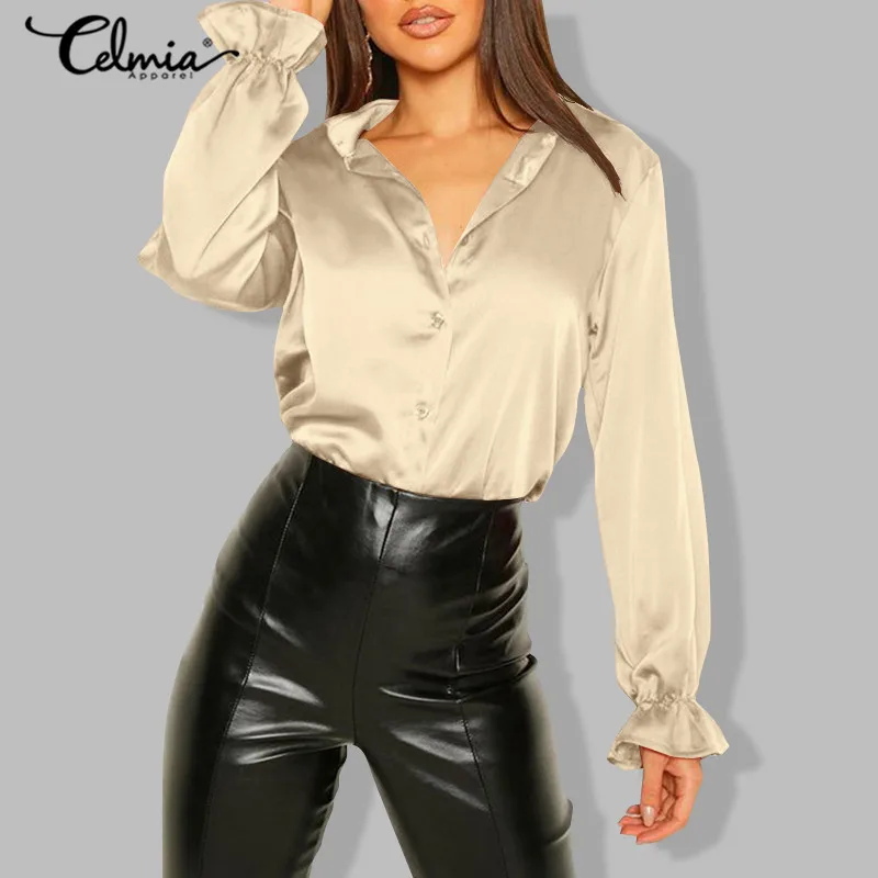 

Elegant Satin Shirts Women Blouses 2021 Celmia Spring Long Flare Sleeve Lapel Tunic Tops Casual Plus Size Blusas Femininas 5XL