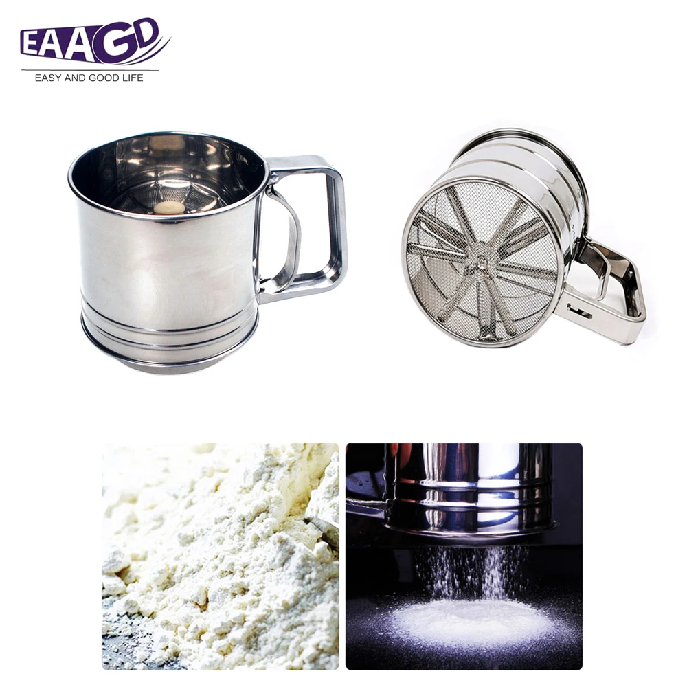 

Baking Stainless Steel Shaker Sieve Cup Mesh Crank Flour Sifter with Measuring Scale Mark for Flour Icing Sugar