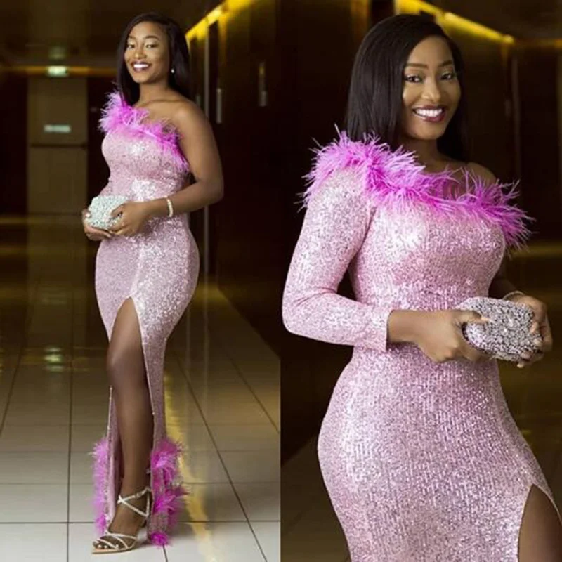 

Женское вечернее платье с юбкой годе, элегантное розовое платье с одним открытым плечом, длинным рукавом, разрезом сбоку и перьями, блестяще...