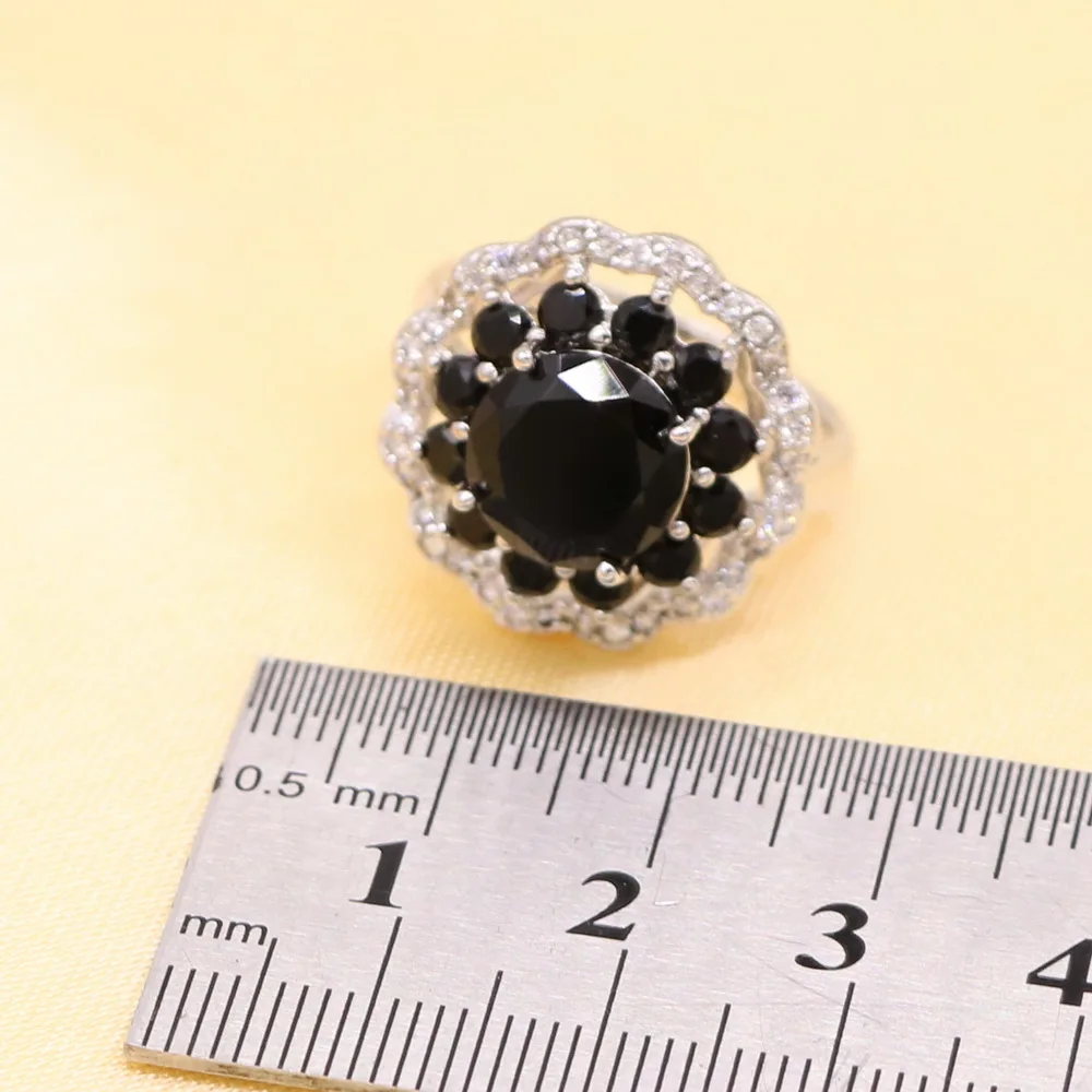 XUTAAYI New Round Black Stones Silver Jewelry Sets For Women Stud Earrings Bracelet Rings Necklace Pendant Free Gift Box | Украшения и