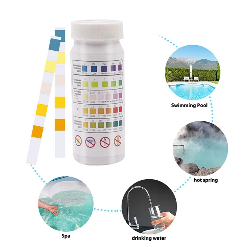 

50pcs Tub Water Quality Swimming Pool Test Paper Residual Chlorine PH Value Alkalinity Hardness Test Strip HR