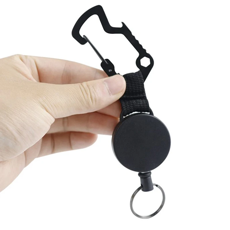 

3 In 1 Retractable Badge Steel Wire Cord Pull Key Ring Portable Bottle Opener Hexagonal Wrench Carabiner Car Key Chain EDC Tool