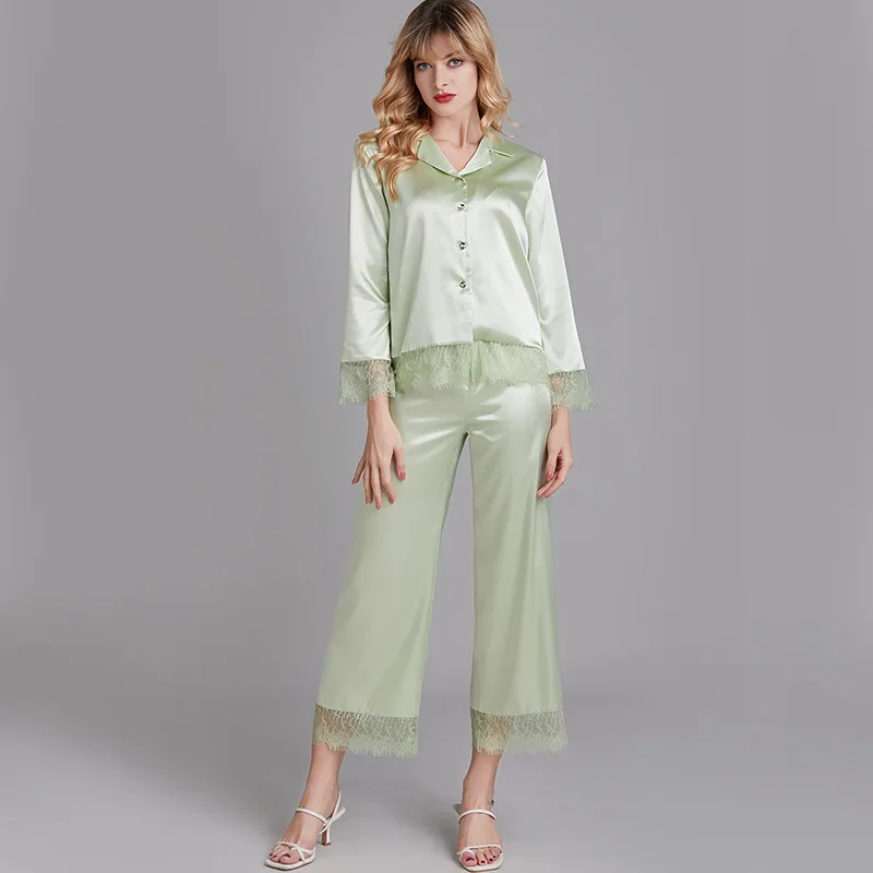 Пижамы для женщин комплект из двух предметов шелковая однотонная атласная